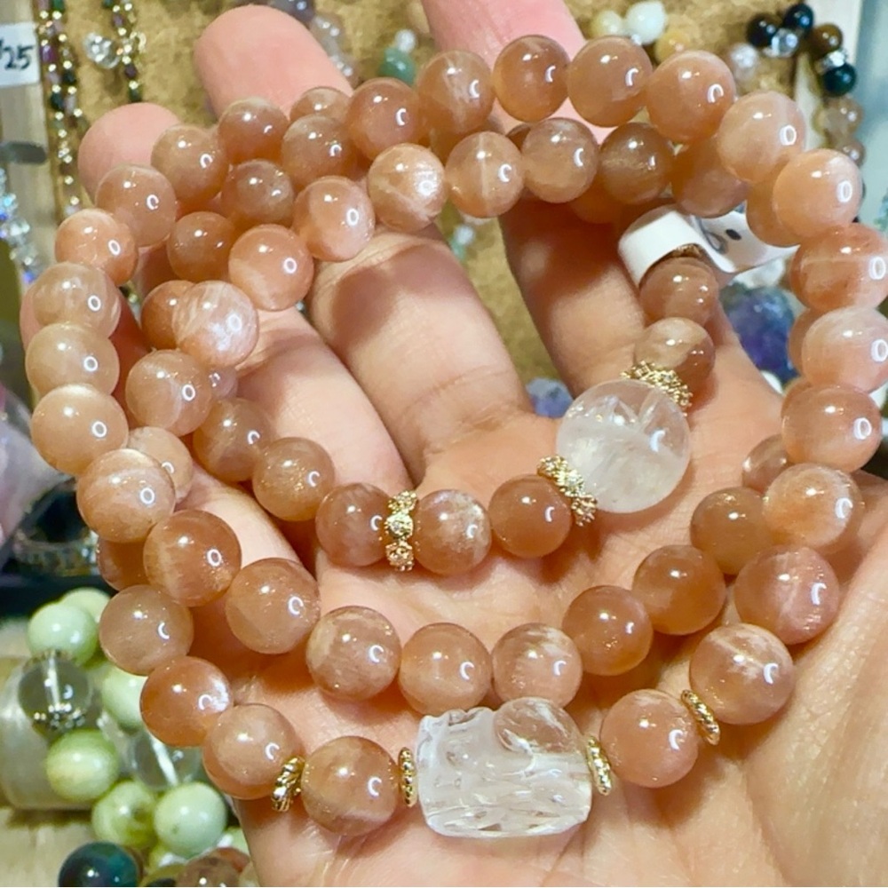 3-Layer Sunstone Beaded Bracelet 8mm, Size 6.5 inches